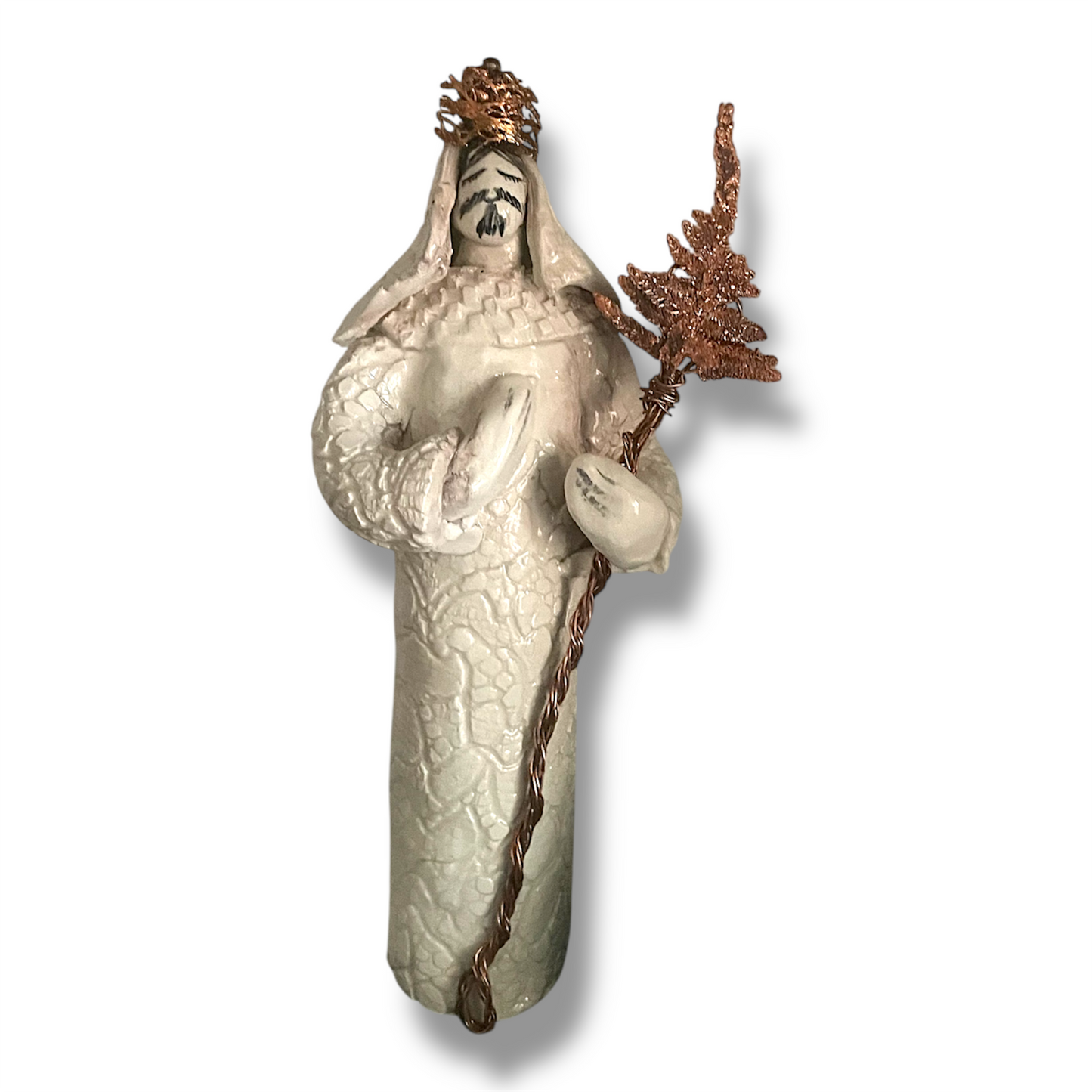 Presepe in ceramica realizzato a mano con dettagli di foglie elettroformate